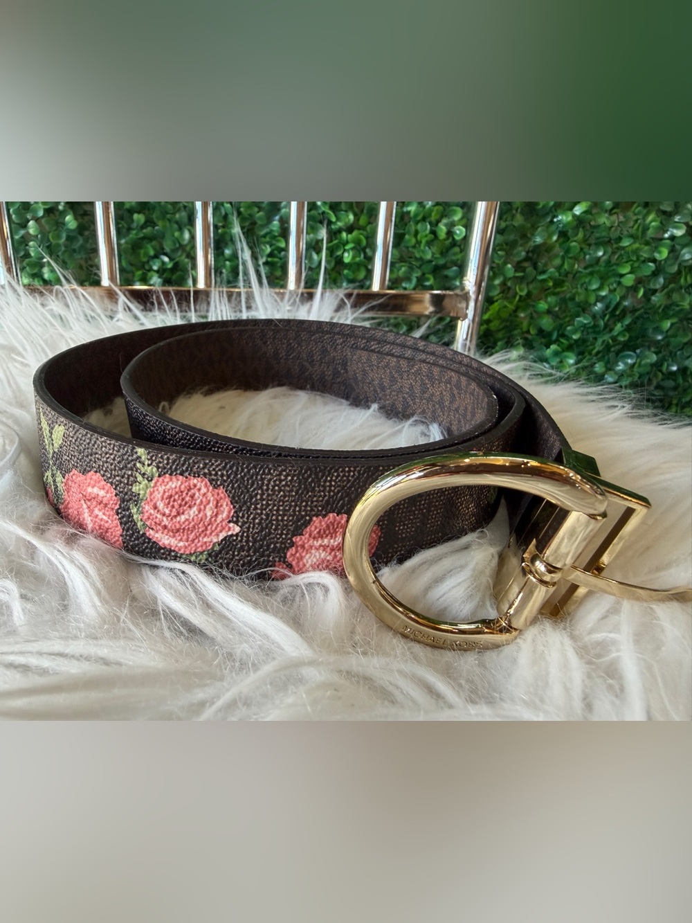 Michael Kors Reversible Brown Floral Leather Belt with Gold Buckle